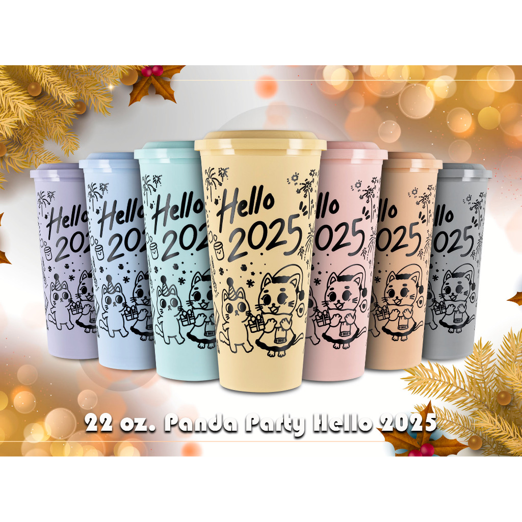 (แพ็ค20ชิ้น)แก้ว 22 oz. แพนด้า ปาร์ตี้ Hello 2025 พร้อมฝา 90 มิล