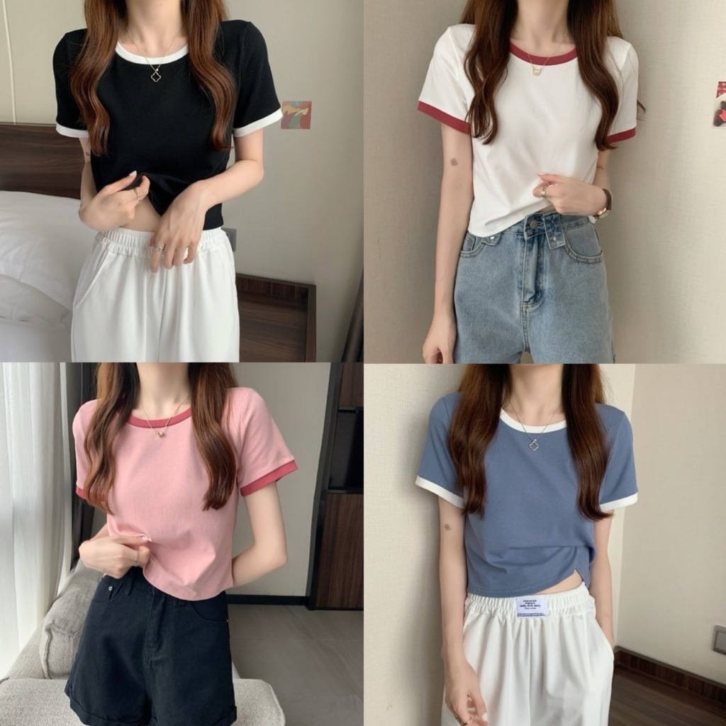 เสื้อยืดแขนสั้นสไตล์เกาหลีสลิมสั้น