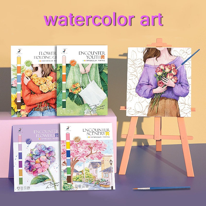 【ส่งไว】สมุดวาดภาพระบายสี DIY ขนาด A4 แบบมีสีและพู่กันในตัว【4 แผ่น/เล่ม】
