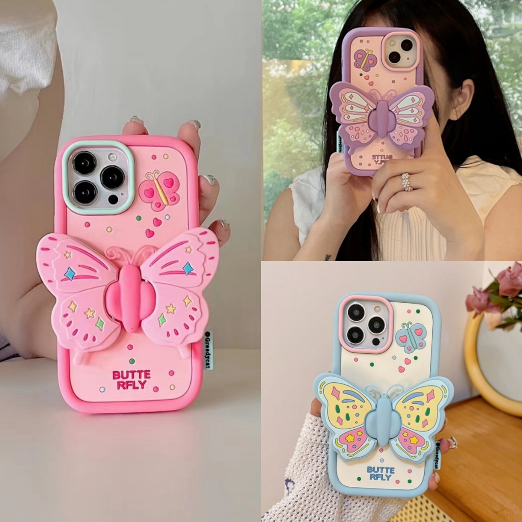 ผีเสื้อ ขาตั้ง เคส iPhone 15 14 13 12 pro max สีชมพู case for iPhone 11 ซิลิก้าเจล เคสไอโฟน สีฟ้า สีม่วง หวานสวย แฟชั่น