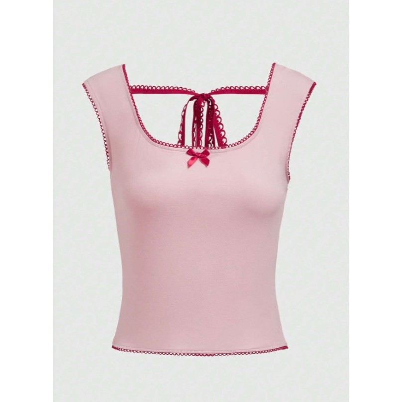 EZshop (พร้อมส่งS,M,L)เสื้อยืด ผู้หญิง หลัง สาย & โบว์ ตกแต่ง