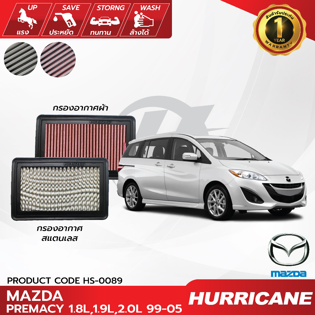 HURRICANE กรองอากาศรถยนต์ผ้าแดง & สแตนเลส Mazda ( 323 V , 323 VI, MP3, Premacy , Protégé) HS-0089