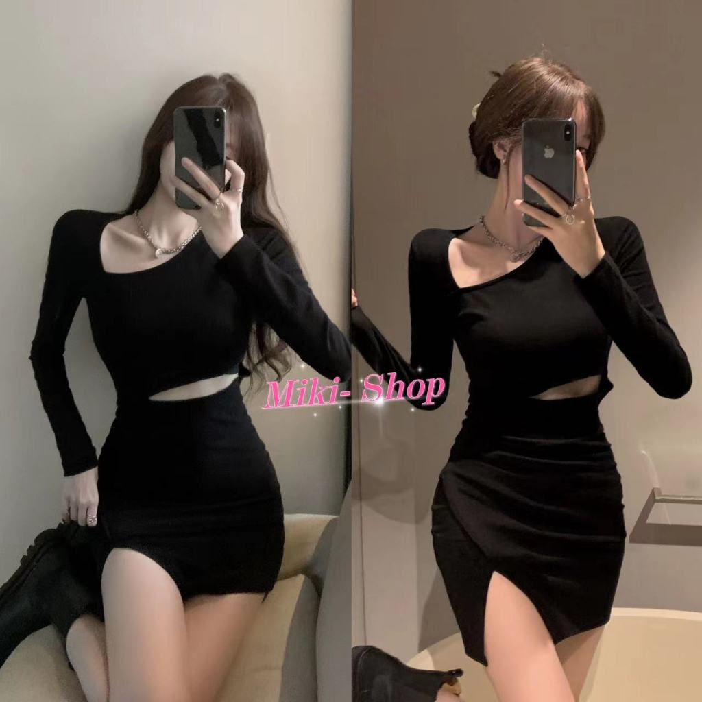 *Miki-Shop*(มี4size) มินิเดรสแขนยาวแฟชั่นแอบโชว์เอวสวยหรูผู้หญิง