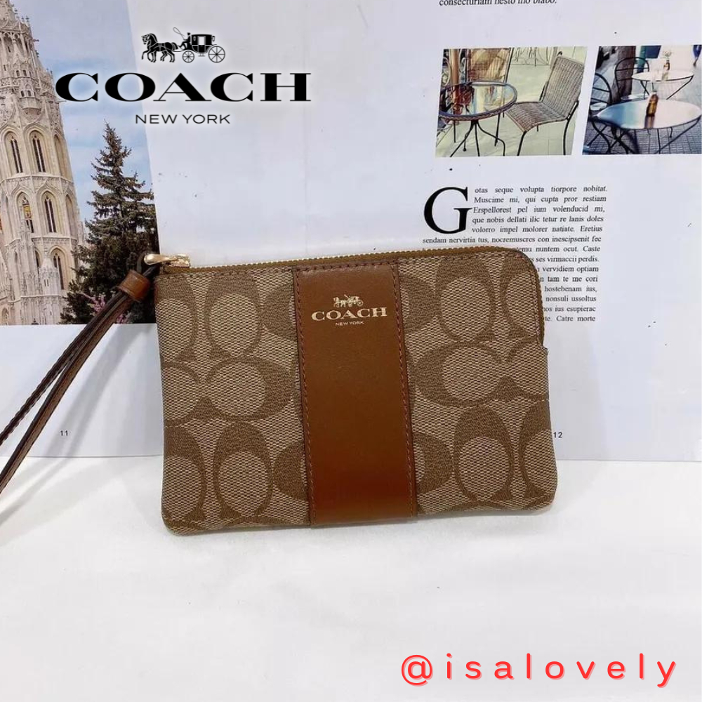 📌Isa Lovely Shop📌  COACH F58035 CORNER ZIP WRISTLET IN C SIGNATURE CANVAS Color: IM/KHAKI/SADDLE 2