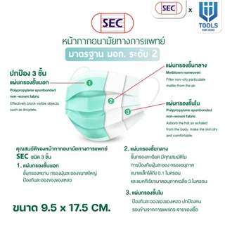 หน้ากากอนามัย 3 ชั้น SEC รุ่น หน้ากากทางการแพทย์ / Medical Grade ป้องกันฝุ่น ละออง เชื้อโรค สวมใส่สะบาย 1 กล่อง 50 ชิ้น