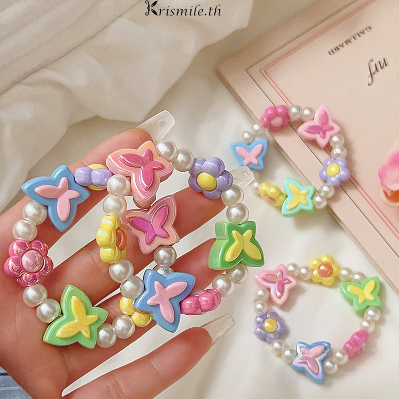 COD-ในไทย ใหม่สร้อยข้อมือ รูปผีเสื้อดอกไม้สีแคนดี้ น่ารักหวาน การออกแบบ Dopamine Y2Kสไตล์เกาหลี นักเรียนสำหรับผู้หญิง