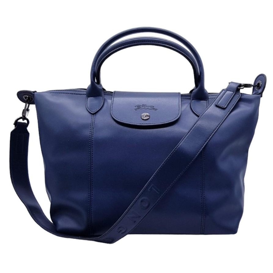 👜กระเป๋า Longchamp Le Pliage Cuir Dark blue Chalk Leather Shoulder Bag Tote Foldable สินค้ามือสอง