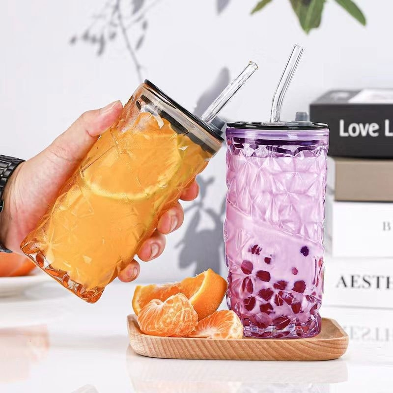 แก้วน้ำสไตล์วินเทจ 300ml. รุ่นเพชร หรูหรา แก้วน้ำมีฝาปิดพร้อมหลอด เลือกสีได้