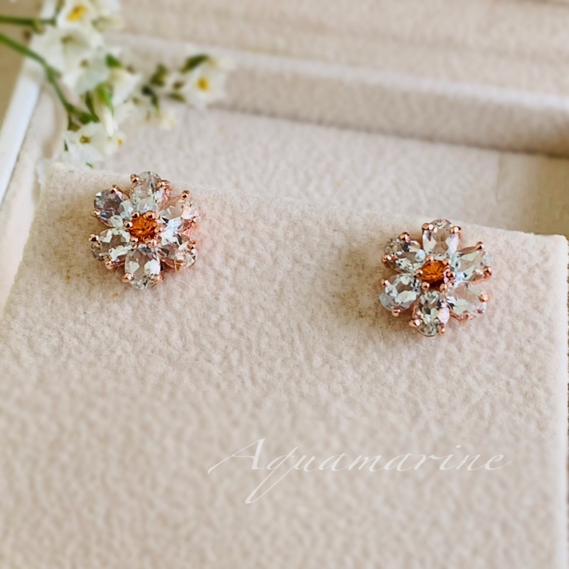 ต่างหูสตั๊ดดีไซน์ดอกไม้ (Flower Collection)พลอยอความริน และพลอยออเร้นจ์แซฟไฟร์