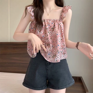 (ใหม่/พร้อมส่ง#M2251)เสื้อแฟชั่นสายเดี่ยวแบบวัยรุ่นลายดอกไม้น่ารัก เนื้อผ้าดี สไตส์เกาหลี