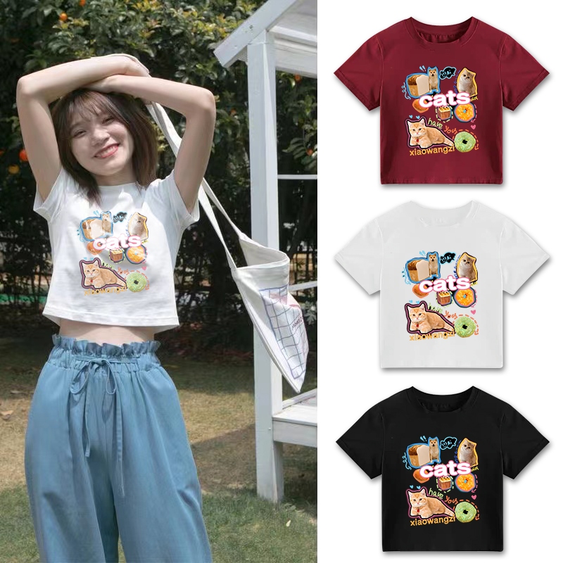 เสื้อครอปแฟชั่น เสื้อผู้หญิง แขนสั้น พิมพ์ลายน้องแมว น่ารักกรุบกริบมาก เสื้อผ้าใส่สบาย สไตล์สาวเกาหลี