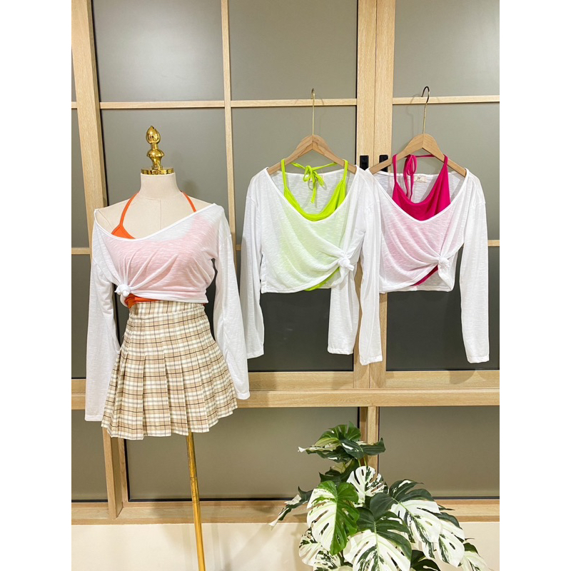 เซ็ทเสื้อขาวแขนยาว+เสื้อคล้องคอ สีสดใส เซ็ทเล่นน้ำ เซ็ทสงกรานต์ รูปที่ 3