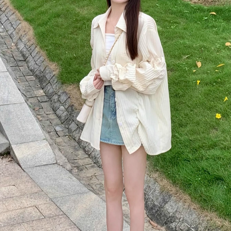 NEW🌺PBB2009🌺เสื้อเชิ้ตคอปกแขนยาวผู้หญิงเรียบง่าย เสื้อคลุมแฟชั่นเกาหลีวินเทจ ผ้านิ่มมาก ทรงหลวม