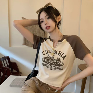 พร้อมส่ง🖤 เสื้อครอปเเขนสั้น คอกลม ดีเทล u COLOMBIA น่ารัก ใส่สบาย