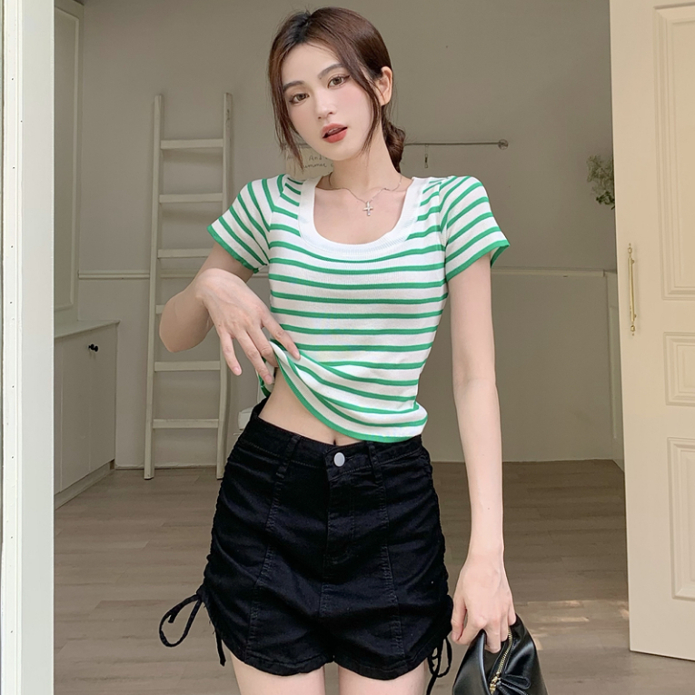 ผู้หญิงแขนสั้นเสื้อยืดถักลายทางคอขนาดใหญ่ 4 สี