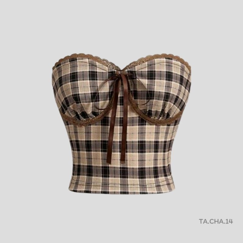 เสื้อเกาะอก​ลายสก็อต​ แต่งลูกไม้​ ผูก​ป​มด้าน​หน้า​