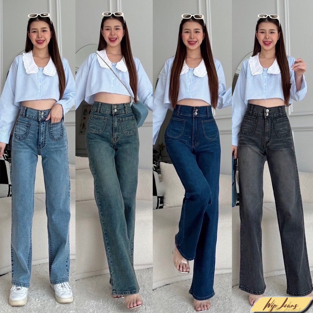 📌กางเกงยีนส์ผู้หญิงเอวสูงผ้ายืดกระเป๋าหน้าตรงมีไซส์สาวอวบอ้วน S-40นิ้ว กางเกงยีนส์สองกระดุมเก็บพุงเข้ารูปสวย