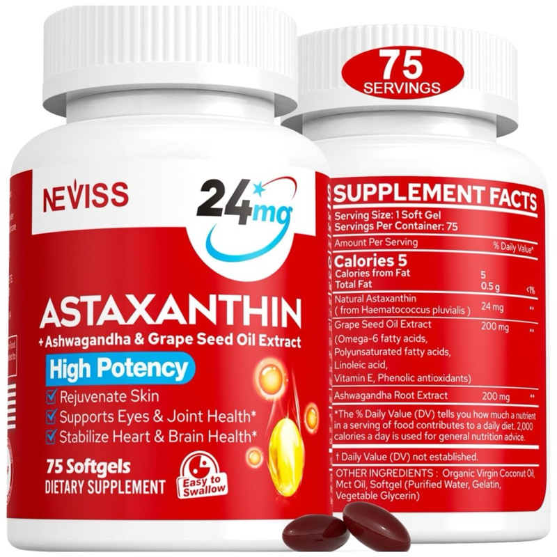 ASTAXANTHIN 24 MG+GRAPE SEED+ASHWAGANDHA (NEVISS) บำรุงผิวพรรณ สายตา ข้อต่อ ภูมิคุ้มกัน(ของแท้จากอเมริกา)(75ซอฟต์เจล)