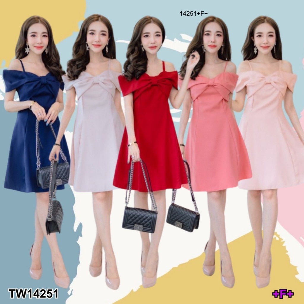 TwinsShopVip พร้อมส่ง TW14251 เดรสสายเดี่ยวเปิดไหล่อกเย็บทรงโบว์
