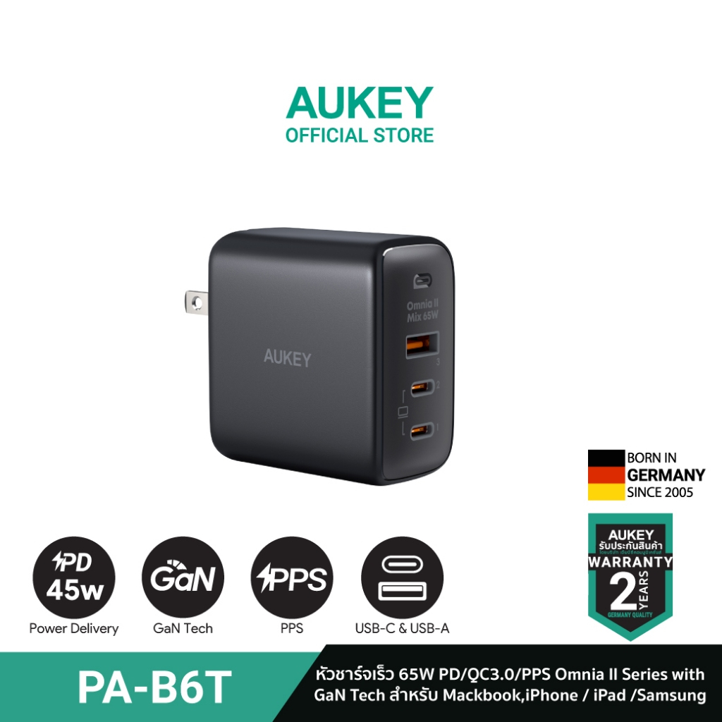 AUKEY PA-B6T หัวชาร์จเร็ว 65W OmniaII Series With GaN Power Tech สำหรับไอโฟน ,Android เทคโนโลยี PPS, PD รุ่น PA-B6T