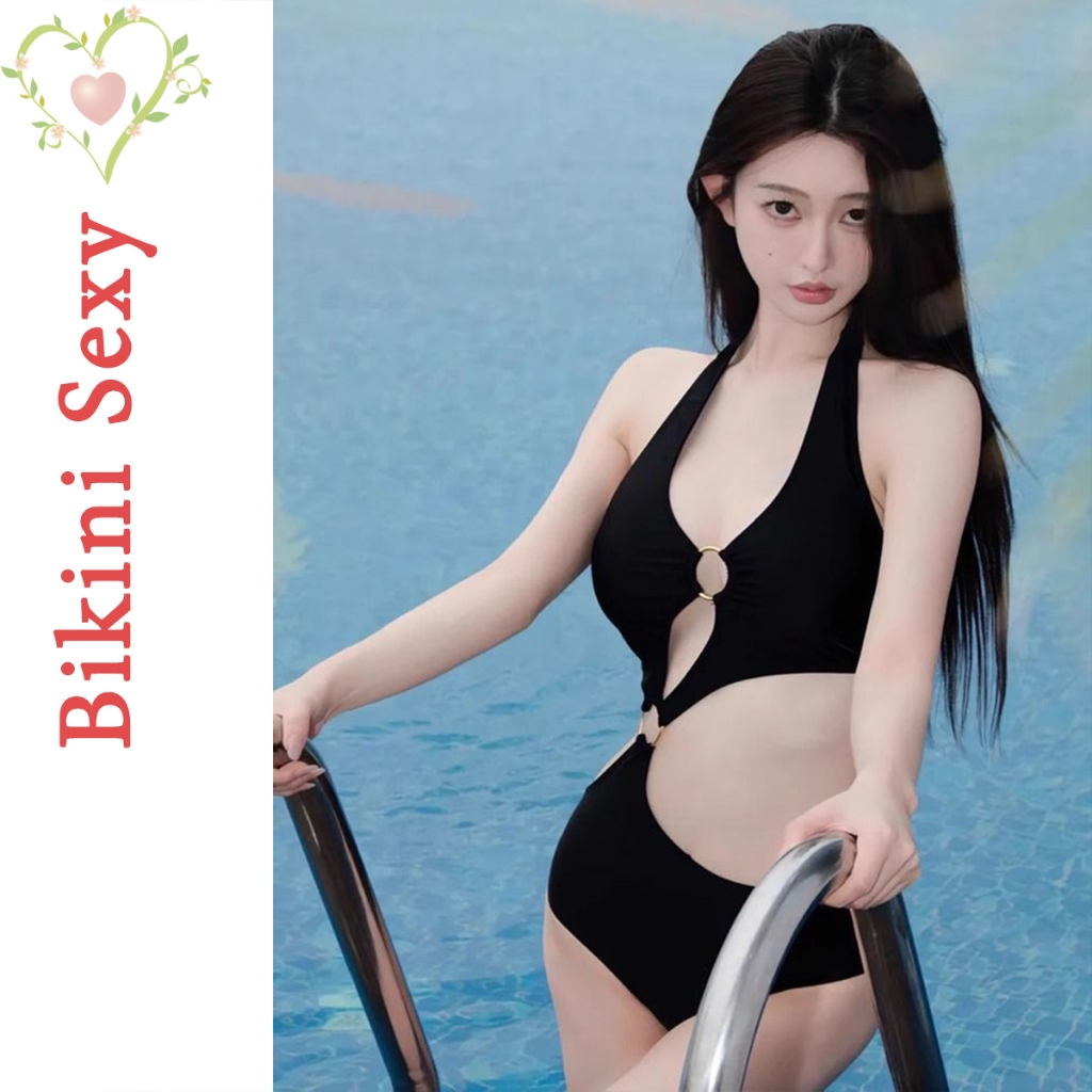 BikiniSexy ชุดว่ายน้ำวันพีช ชุดว่ายน้ำแฟชั่น สีดำ เซ็กซี่ โชว์เอว เว้าหลัง ส่งจากไทย #0236