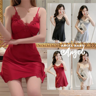 ชุดนอนซาติน สายเดี่ยวแต่งลูกไม่ ผ้าดี ใส่สบาย L-164