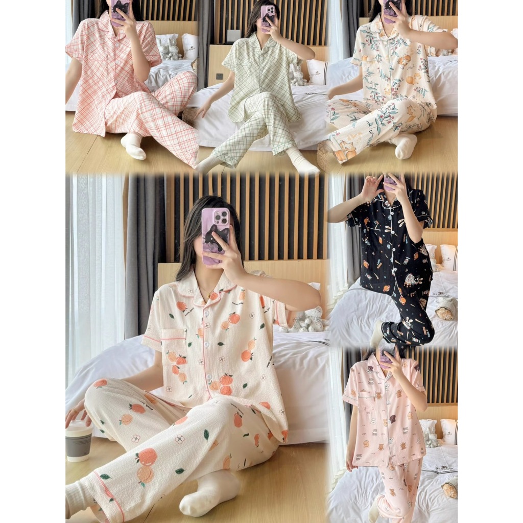 23-1ส่งจากไทย--ชุดนอนผู้หญิง เสื้อเเขนสั้น+กางเกงขายาว พิมลาย ผ้าสำลี ผ้าใส่สบาย