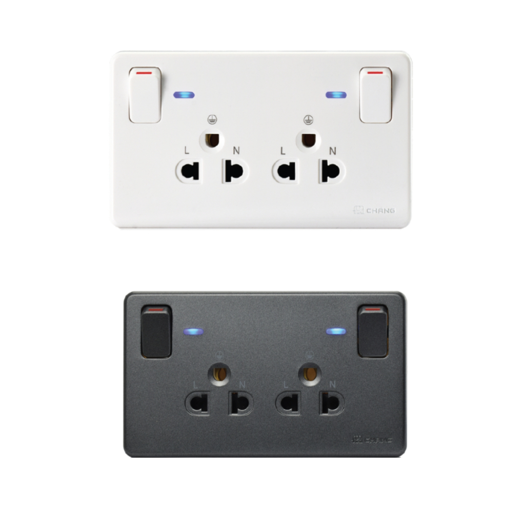 เต้ารับคู่มีกราวด์ ควบคุมด้วยสวิตซ์ ยี่ห้อ ช้าง รุ่น PCH-904LN ช้าง มีสีดำ และ ขาว