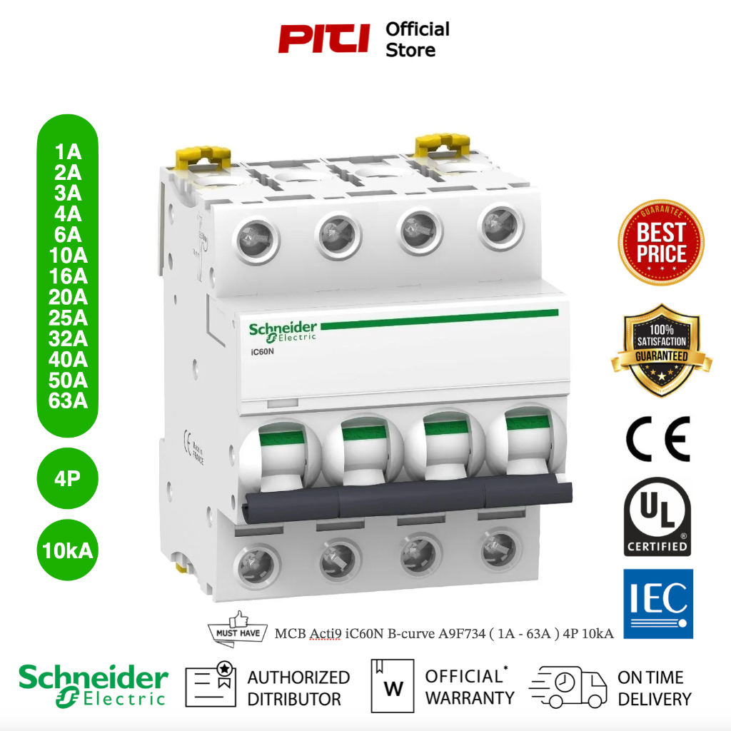 Schneider MCB A9F73416 16A 4P iC60N B-curve Acti9 Miniature Circuit Breaker เซอร์กิตเบรกเกอร์
