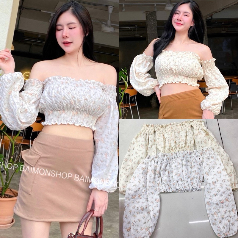 aimorn_shop เสื้อครอป เปิดไหล่ลายดอก มาพร้อมกับกางเกงบาบี้ขาสั้น งานดีมากๆ รุ่นนี้กำลังฮิตมากเลยนะคะ สีขาวสดใส