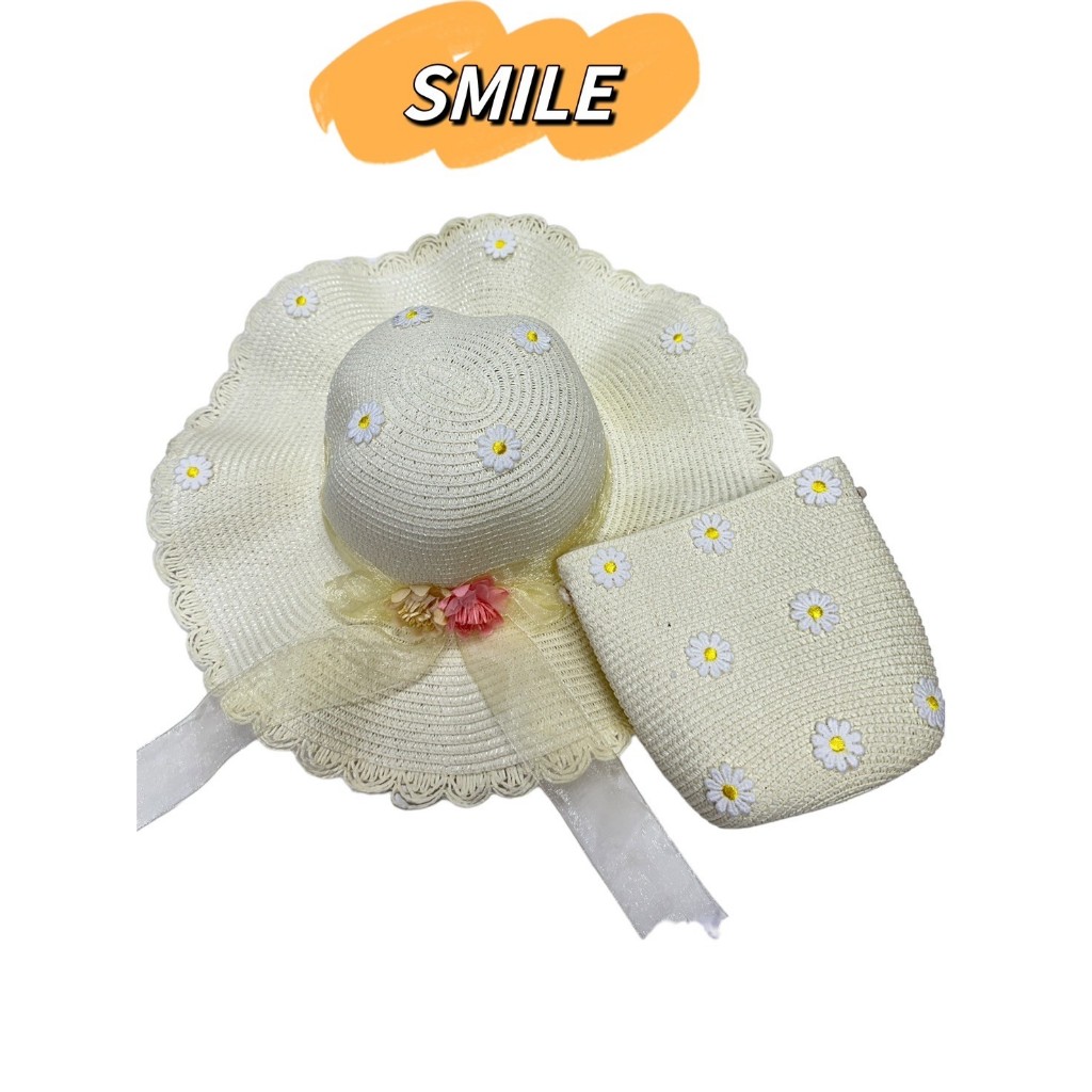 [พร้อมส่ง] เซตหมวกและกระเป๋า กระเป๋าหมวกสานลายดอกเดซี่ เนื้อสานไม่บาง มีให้เลือกหลากหลายสี