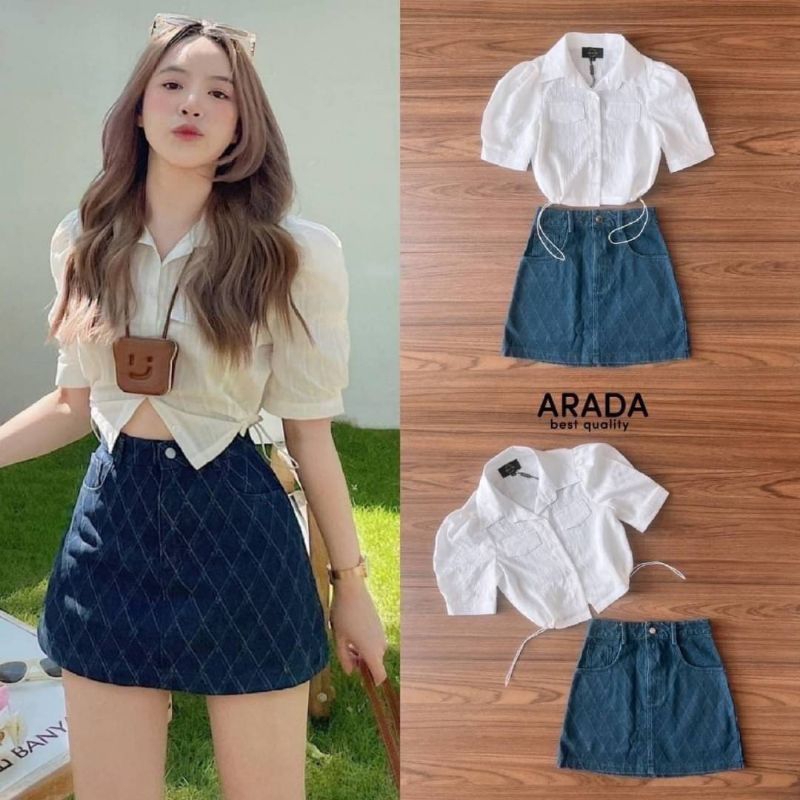 Arada เซตเสื้อคอเชิ๊ตแขนพองมาพร้อมกระโปรงยีน