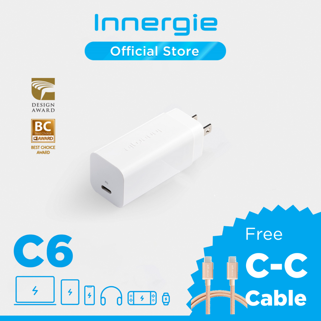 Innergie C6 (US) USB-C Power Adapter 60 Watt แถมฟรีสาย C-C ชาร์จและถ่ายโอนข้อมูลไว(กดรับของแถมที่add-on)