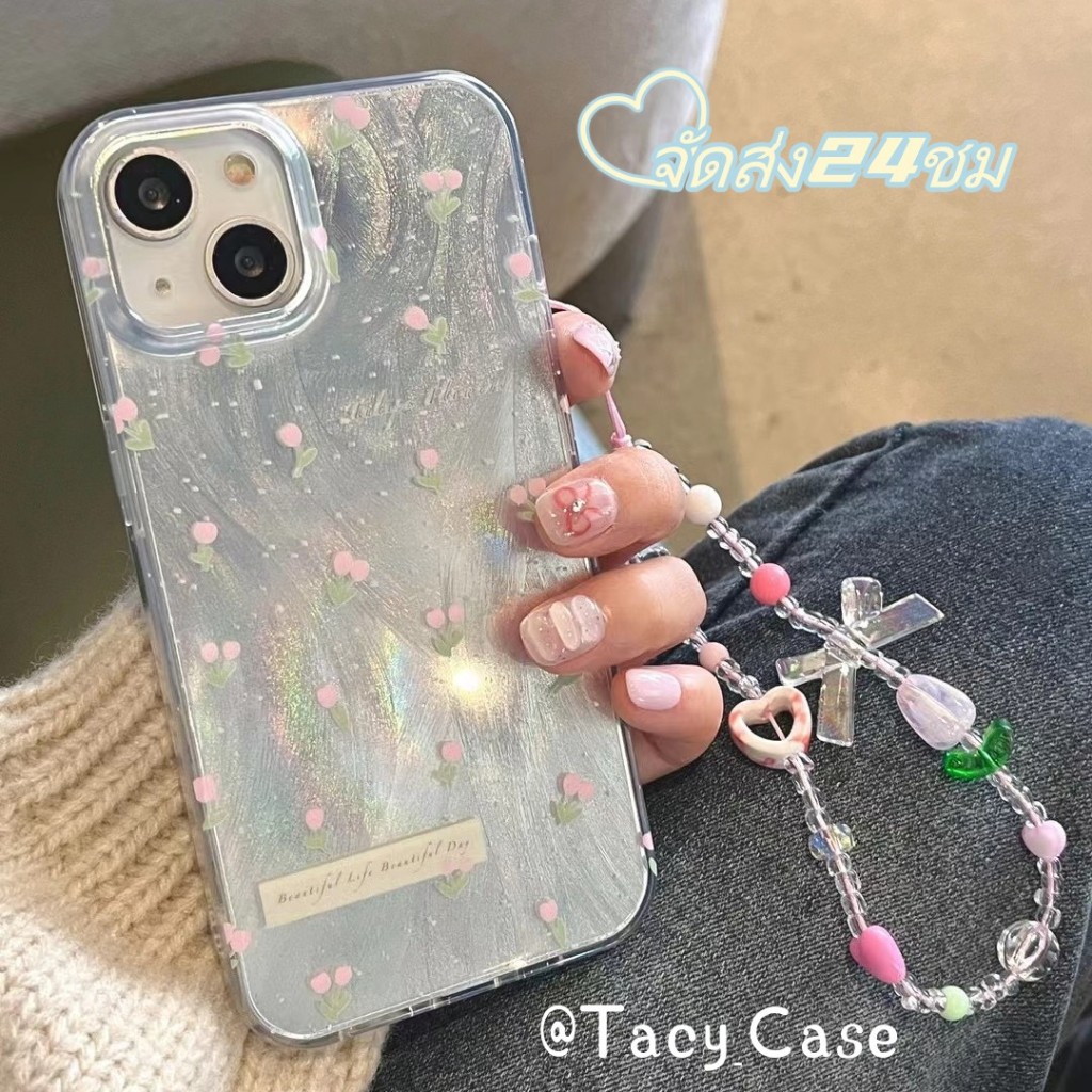 จัดส่งภายใน 24 ชม เคสไอโฟน 15 Pro Max ins หวานสวย ดอกไม้สีชมพู โซ่ สําหรับ Case for iPhone 11 12 13 14 Pro max เคส