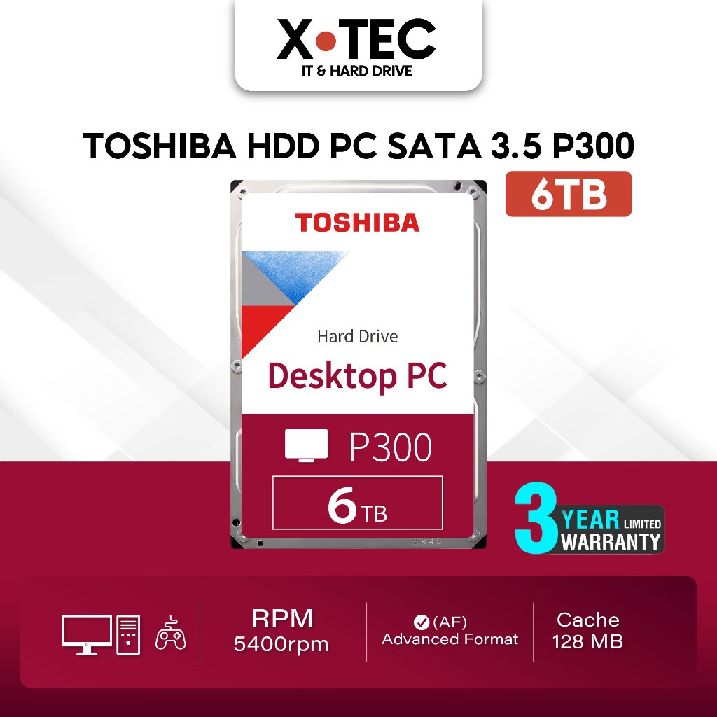 Toshiba PC HDD (6TB) TSB INT 3.5"(P300) 6TB 5400rpm128MB SATA(RB) Desktop Internal Harddisk TSB-HDWD260AZSTA สำรองข้อมูล