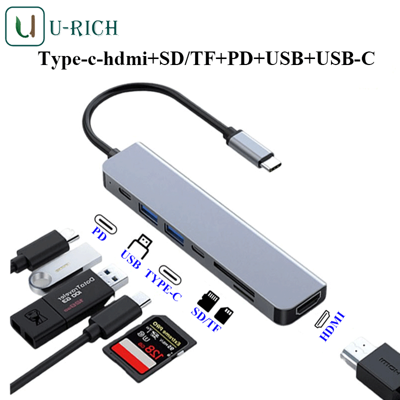 อะแดปเตอร์ฮับ Type C 7-in-1 HUB เป็น USB 3.0 + USB + HDMI 4K + USB-C + PD + เครื่องอ่านการ์ด SD / TF
