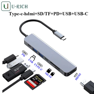 อะแดปเตอร์ฮับ Type C 7-in-1 HUB เป็น USB 3.0 + USB + HDMI 4K + USB-C + PD + เครื่องอ่านการ์ด SD / TF