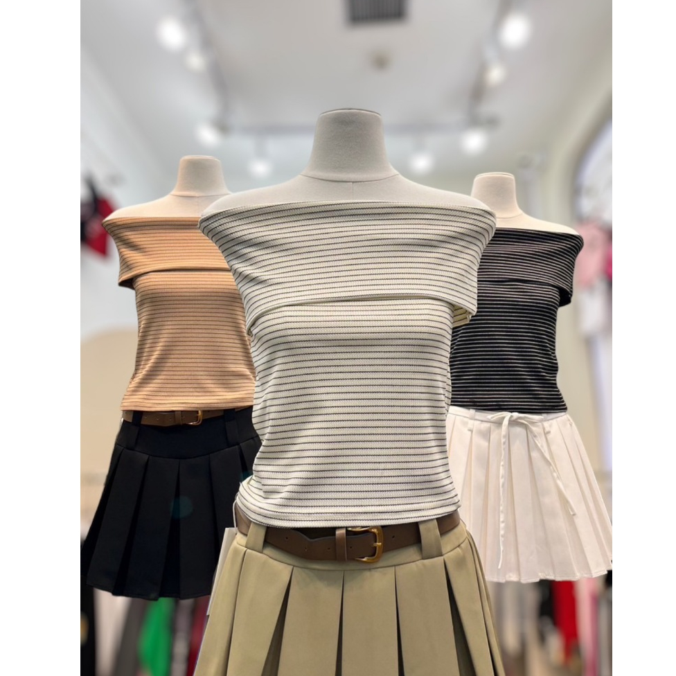 เสื้อปาดไหล่ เสื้อครอปปาดไหล่ไหมพรมลายทาง น่ารักๆ เสื้องานไอจี ผ้านิ่ม ใส่สบาย ป้าย JARINYA.