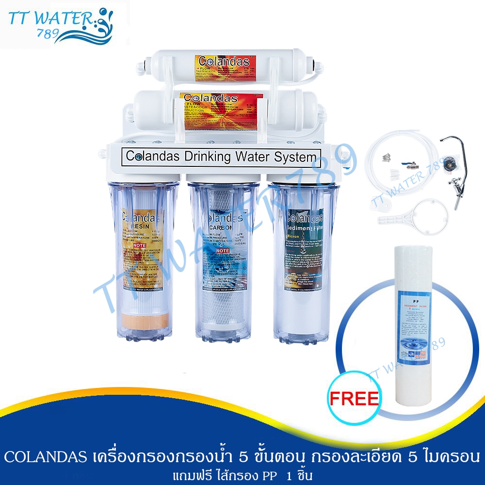 Colandas เครื่องกรองน้ำ 5 ขั้นตอน รุ่นพิเศษ กระบอกใสทั้ง 3 กระบอก (มีเรซิ่นกรองหินปูน)