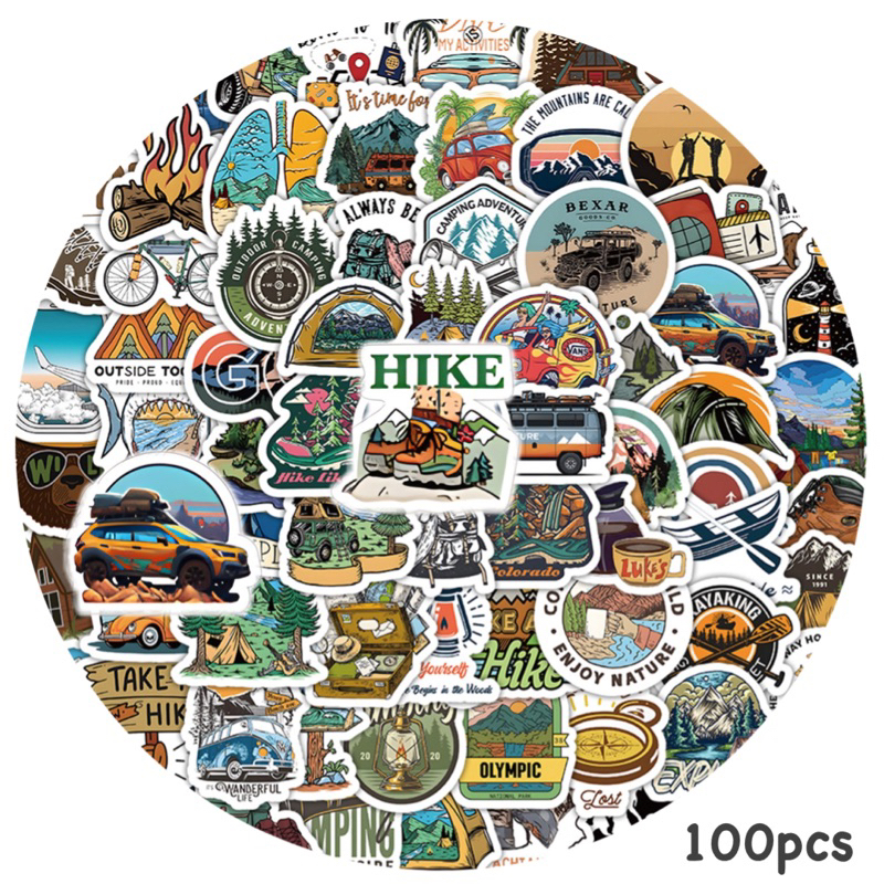 สติ๊กเกอร์ camping 771 แคมป์ปิ้ง 100ชิ้น เต็นท์ เดินป่า แคมปิ้ง ป่า ตั้งแคม แคมป์ outdoor เดิน ป่า ท่องเที่ยว cam ping