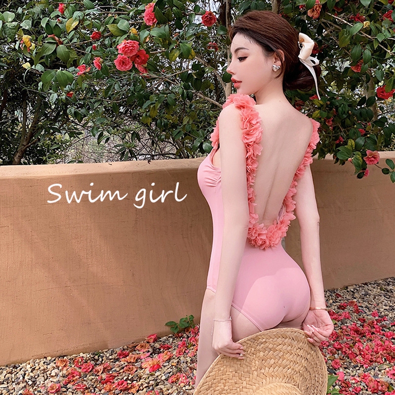 swim girlชุดว่าย ชุดว่ายน้ำวันพีช เสื้อโชว์หลัง ผูกคอ ชุดกลีบสีชมพู มีฟองน้ำ#0240