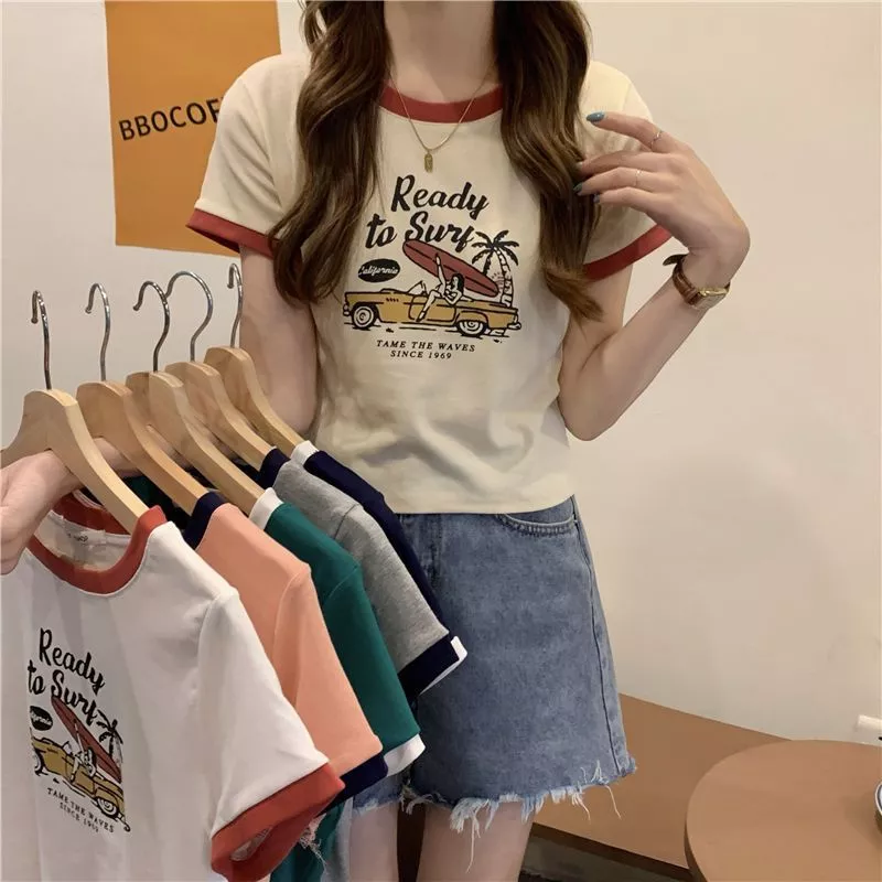 เสื้อครอปแขนสั้นรัดรูปสวยๆผู้หญิงฤดูร้อนใหม่ เสื้อผ้าแฟชั่นสาวอวบมินิมอลสไตล์เกาหลี เสื้อยืดที่กําลังฮิต ผ้ายืดใส่สบาย