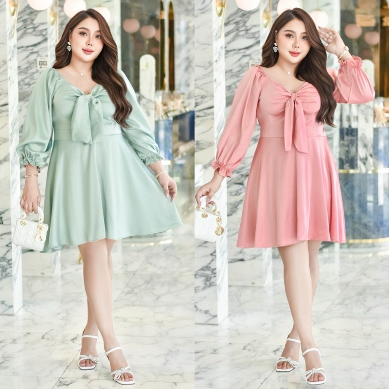 LK เดรสสาวอวบ เดรสซาร่า แขนยาว โบว์หน้า Bigsize Plussize￼