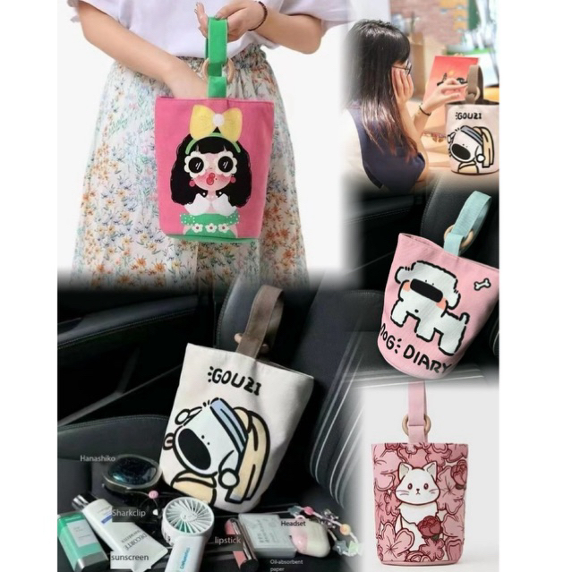 C&P bag กระเป๋าสะพายไหล่ กระเป๋าถือ ทรงบักเก็ต ผ้าแคนวาส พิมพ์ลายการ์ตูนน่ารัก ความจุขนาดใหญ่ ใช้ซ้ําได้ สําหรับสตรี