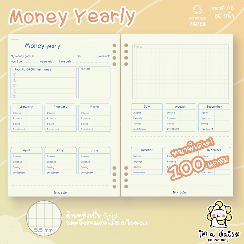 i'm a daisy - Money Yearly บันทึกรายรับรายจ่าย (รายปี) หนาพิเศษ 100 แกรม - A5 60 หน้า (เจาะ 6 รูได้)