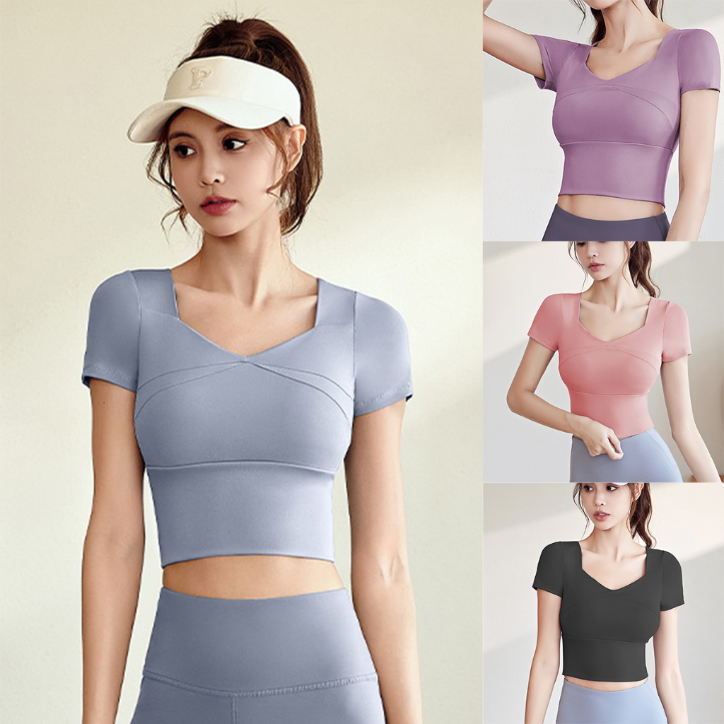 เสื้อโยคะแขนสั้น สปอร์ตบราผู้หญิง เหมาะสำหรับกีฬาทุกประเภท มีฟองน้ำในตัว ดีไซน์สวย ผ้ายืดหยุ่นได้ดี สวมใส่สบาย