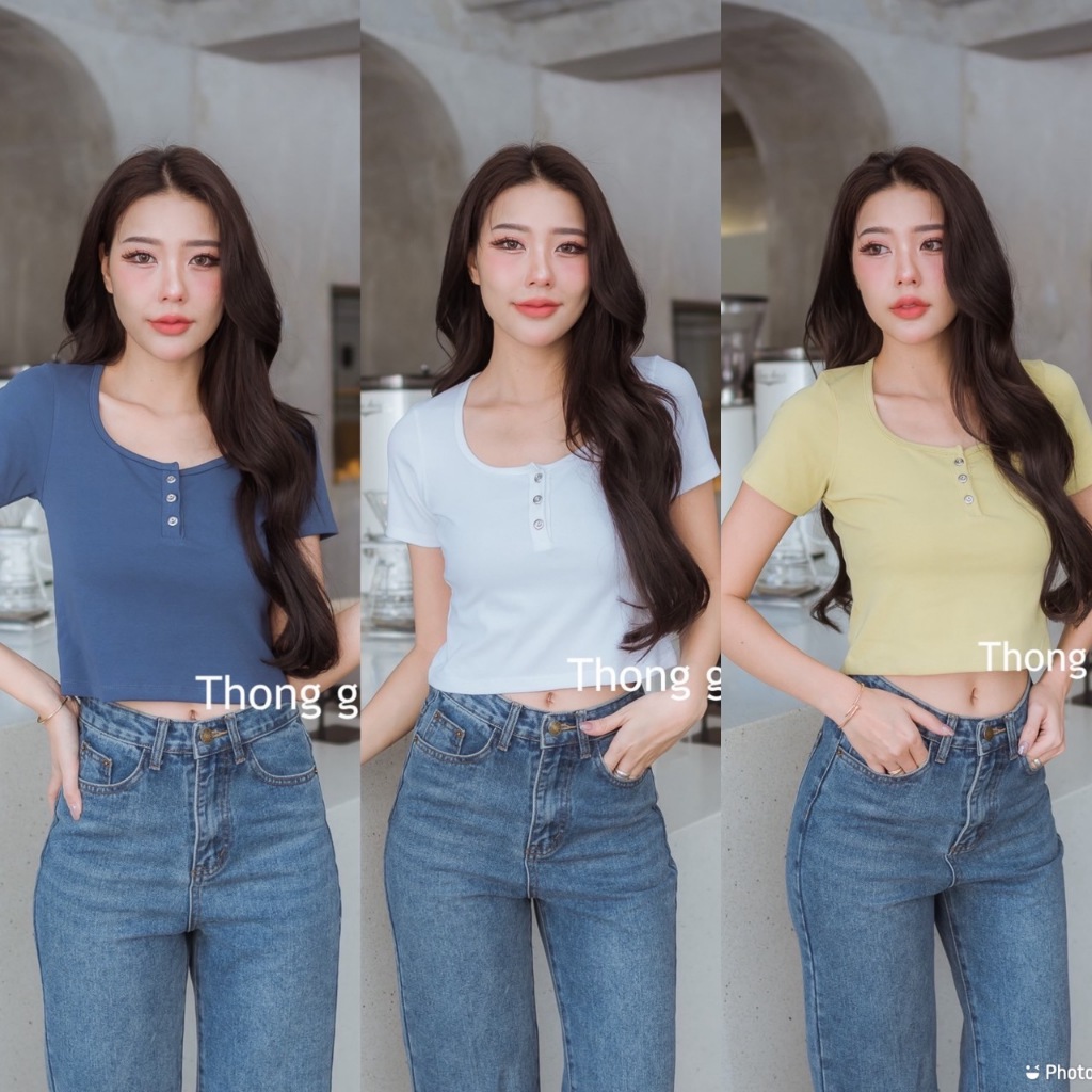 ♥ เสื้อครอปคอยู แต่งกระดุมเงิน ผ้ายูนิโคล่ เสื้อผ้าผู้หญิง นิ่มมาก ทรงเก๋ๆ 🅰 TGL