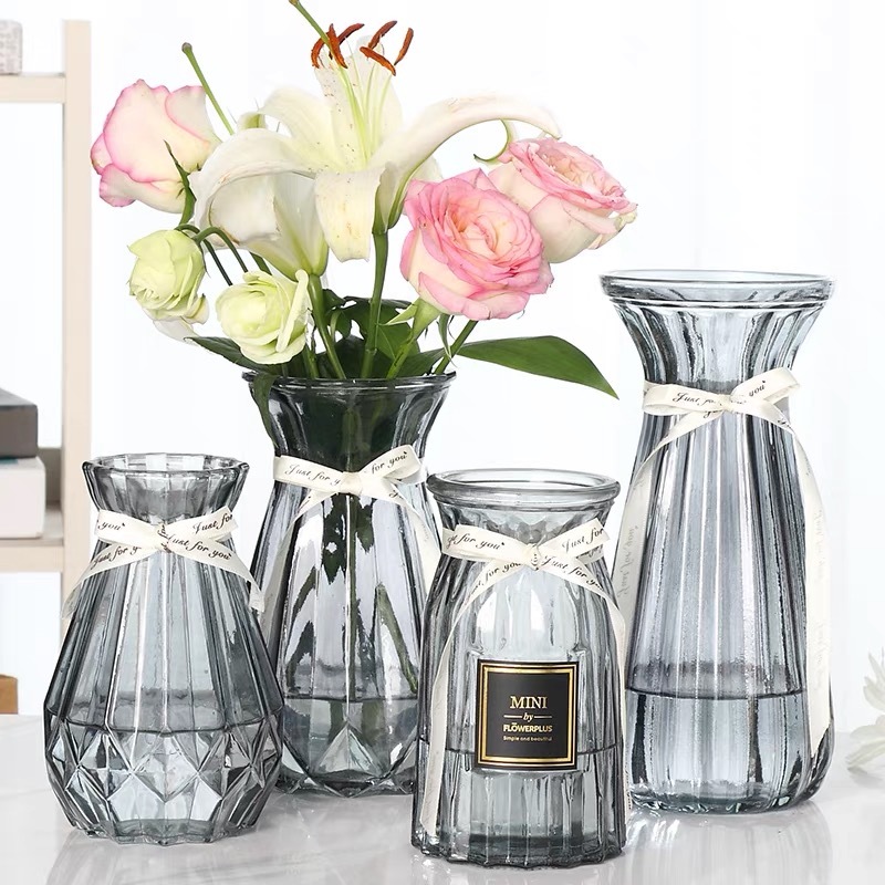 พร้อมส่งในไทย แจกันแก้วสุดหรู ปากกว้าง ตกแต่งห้องนั่งเล่น ดอกไม้ โบว์ + สติ๊กเกอร์