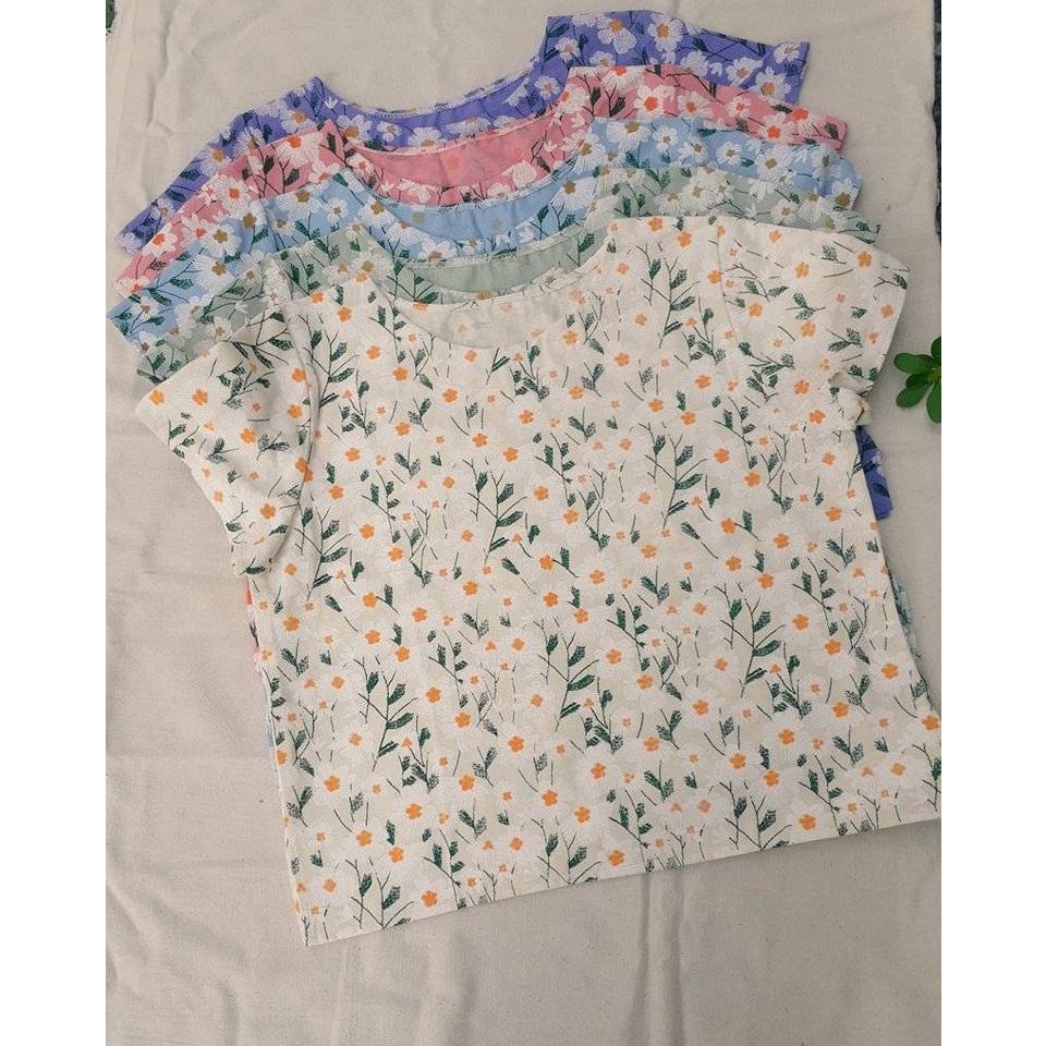 เสื้อผ้าฝ้ายพิมพ์ลาย แขนสั้น ลายดอกไม้ คอกลม