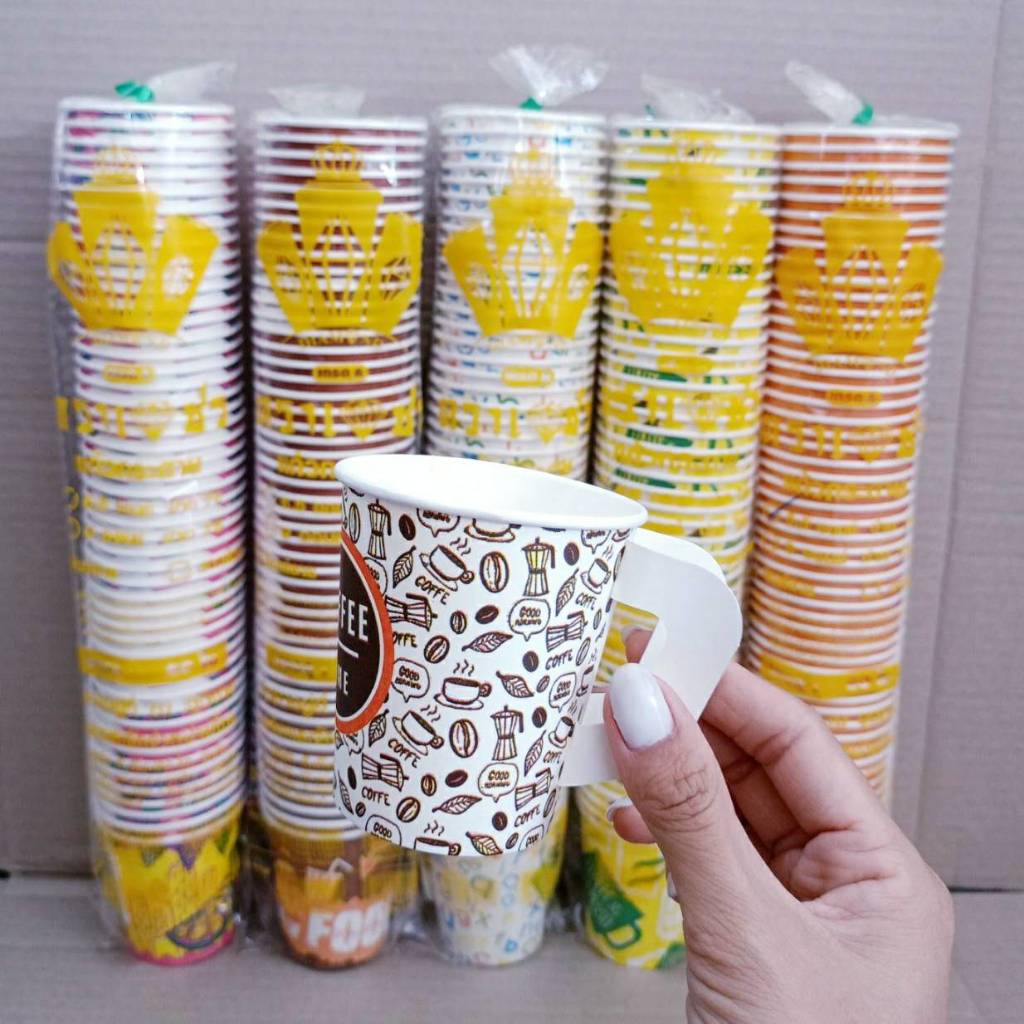 (ชุดละ 5 แพค) แก้วกระดาษ แก้วกาแฟ 6.5 ออนซ์ มีหู ขาว - คละลาย แพคละ 50 ใบ ตราเพชร